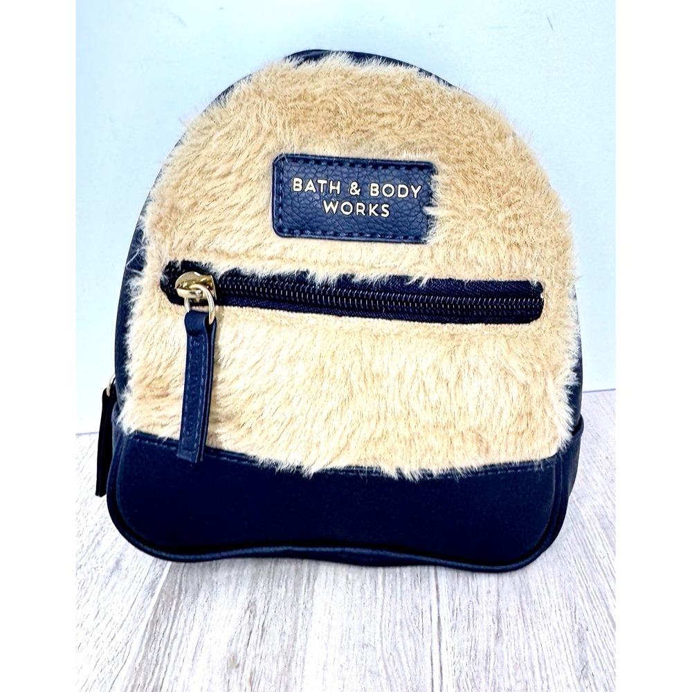 Bath‎ And Body Works Mini Backpack Cosmetic Bag Navy Blue Tan Fur
